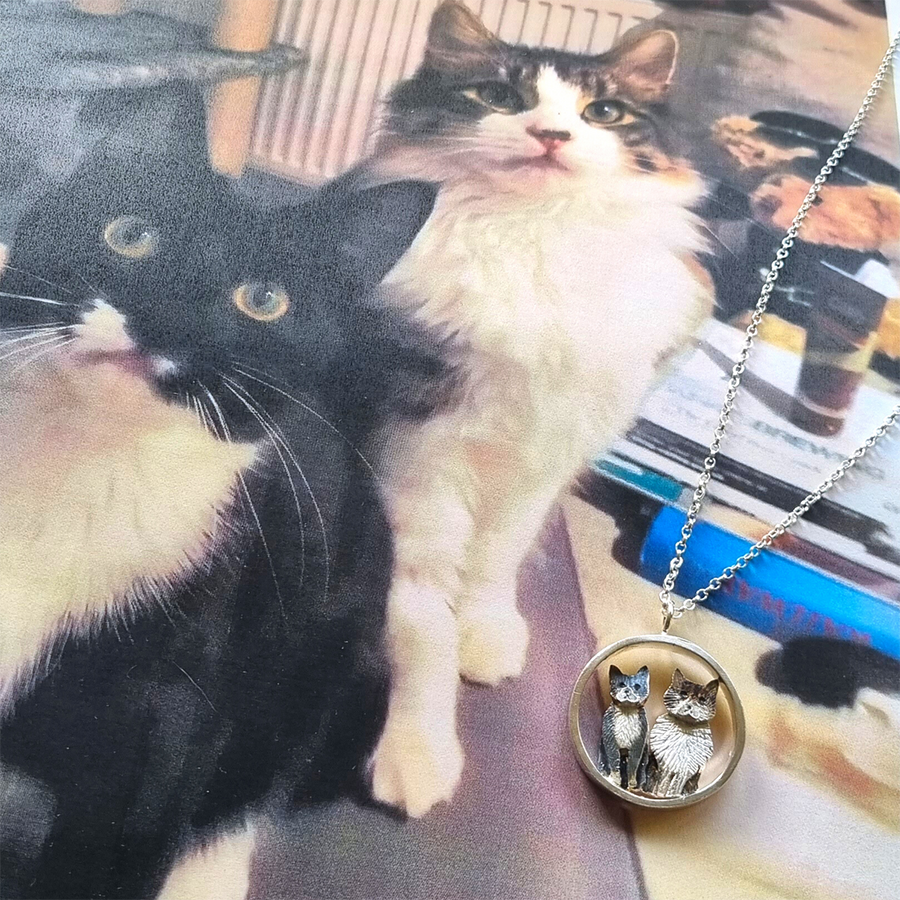 two cat necklace, silver cat pendant, personalised cat gift for wife, cat memorial gift