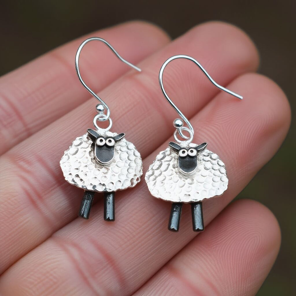 silver sheep earrings, lucky clover sheep drop earrings, irish sheep earrings, silver irish earrings, lucky charm earrings, lucky silver earrings, lucky dangly earrings, irish earrings