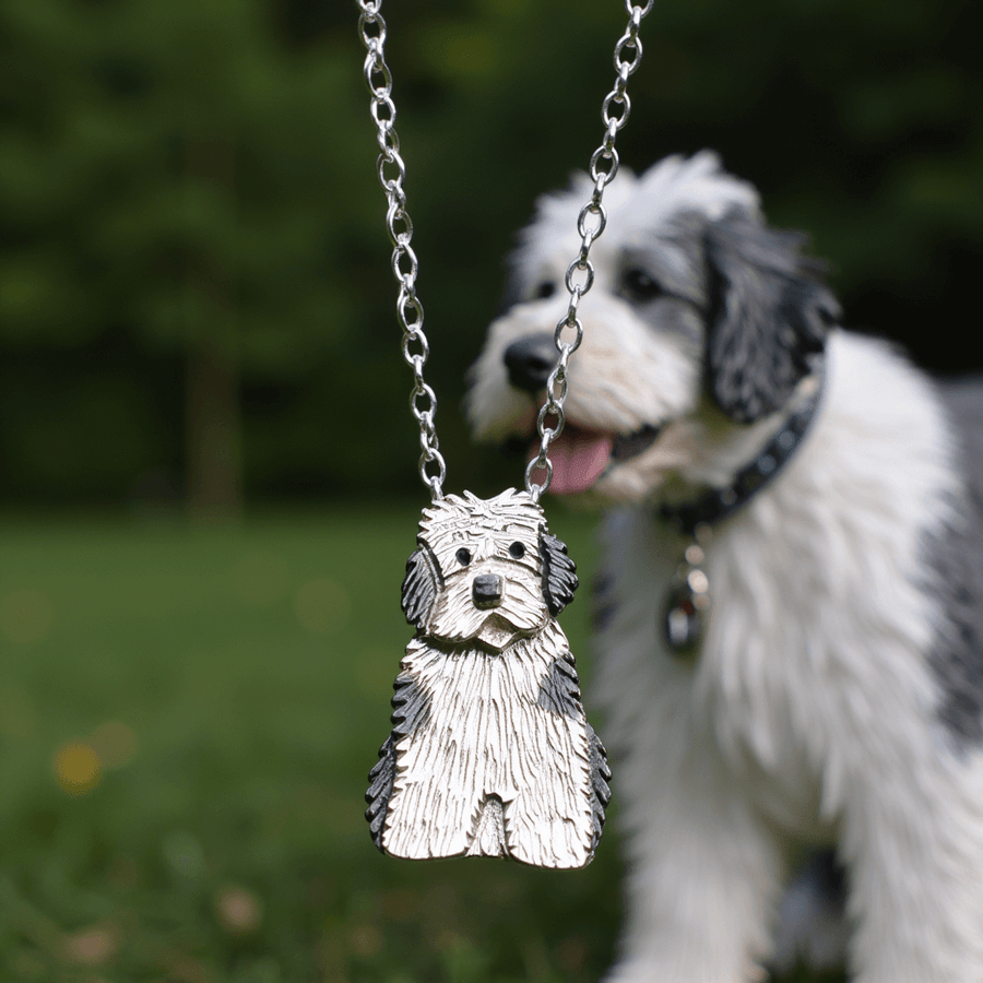 old english sheepdog necklace, old english sheepdog jewellery, old english sheepdog gift for woman, old english sheepdog gift ideas, old english sheepdog present for her, silver dog necklace, old english sheepdog memorial, dog loss jewellery, rainbow road jewellery