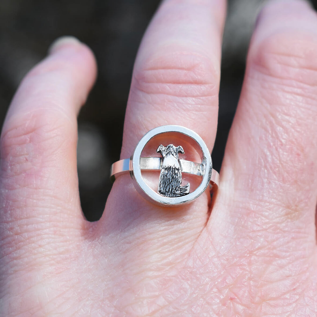 silver border collie ring, collie dog ring, sheepdog ring, collie gift for woman, border collie memorial jewellery, silver dog ring