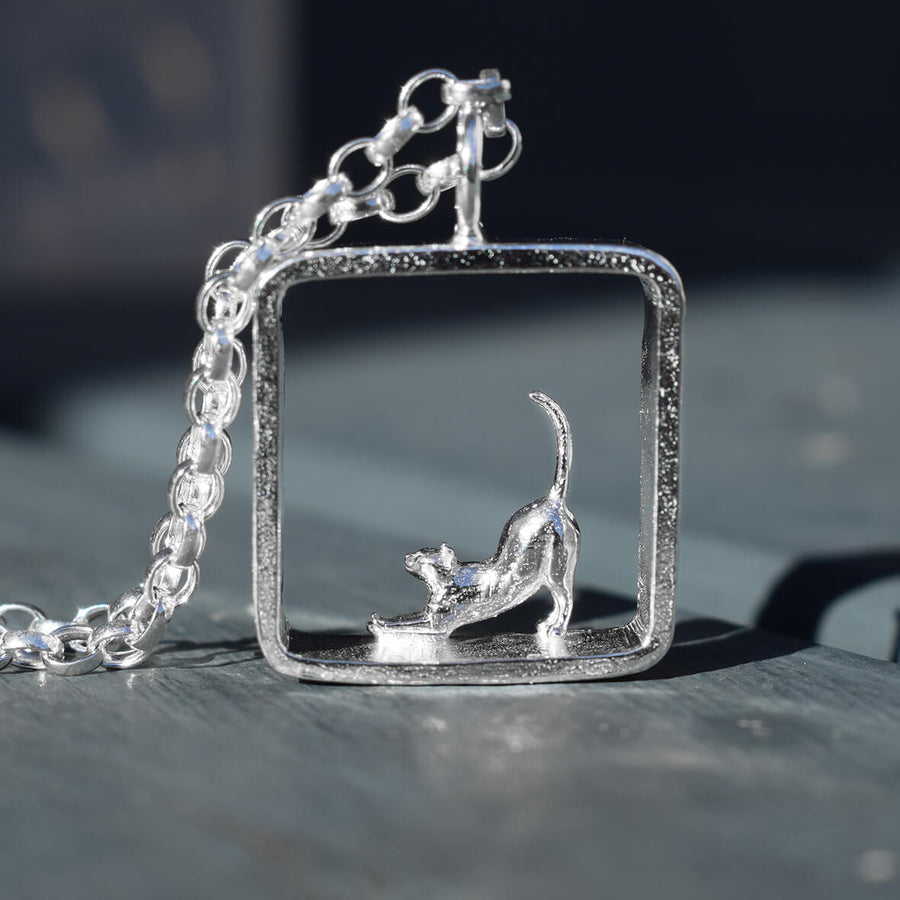 Handcrafted Sterling Silver Stretching Cat Necklace, Perfect gift for Cat Lovers, silver cat necklace, silver cat jewellery, cat pendant, stretching cat themed gift