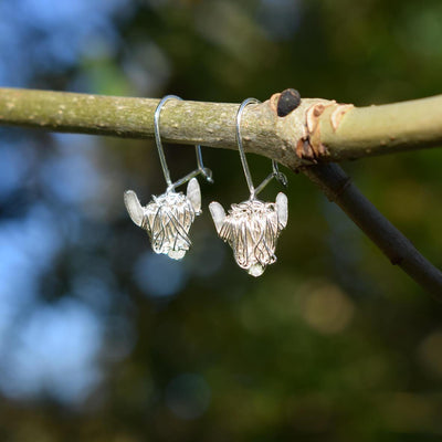 Silver Highland Cow drop earrings, White Highland cow gift