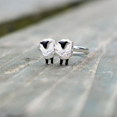 2 sheep ring, sheep gift for wife, sheep present for girlfriend, gift for young farmer, suffolk sheep present, silver sheep ring