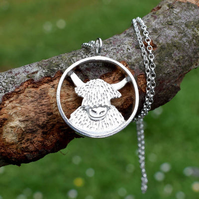 silver highland cow necklace, highland cow pendant, silver highland cow jewellery, silver highland cow gift, silver scottish cow present, scottish cow jewellery, silver cow jewellery, silver cow