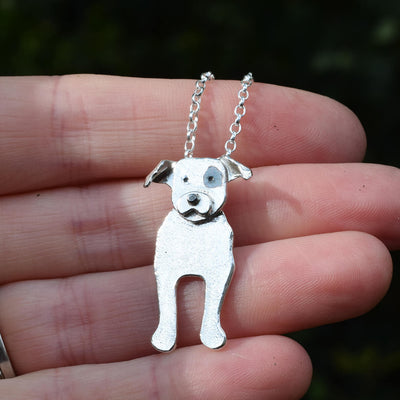staffordshire bull terrier necklace, eyepatch dog, black and white staffy, black and white staffordshire bull terrier