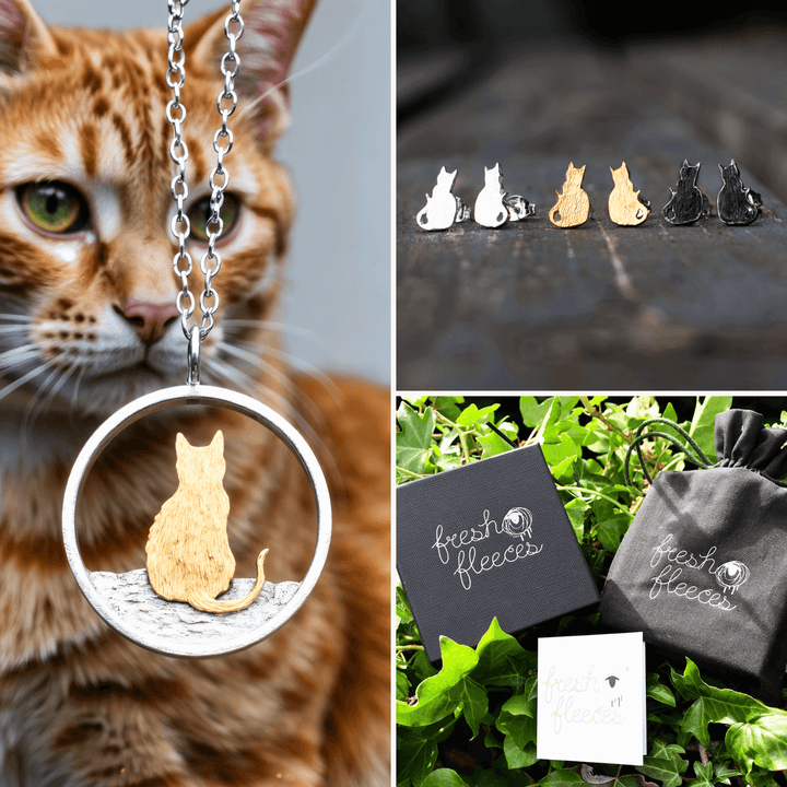 Cat gift set, gold cat jewellery, cat christmas present for wife, cat lady gift, ginger cat jewellery