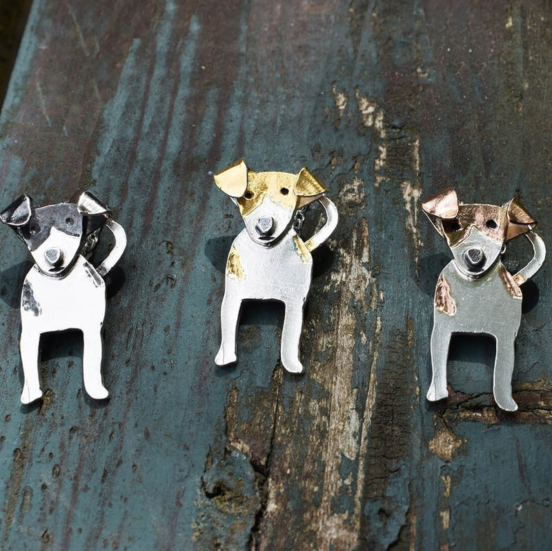 silver dog brooches, jack russell jewellery, dog pin, handmade dog jewellery