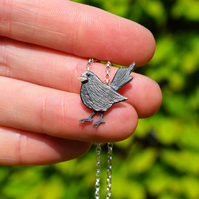 Blackbird necklace, silver bird necklace, blackbird pendant, blackbird jewellery, british bird jewellery, wildlife jewellery
