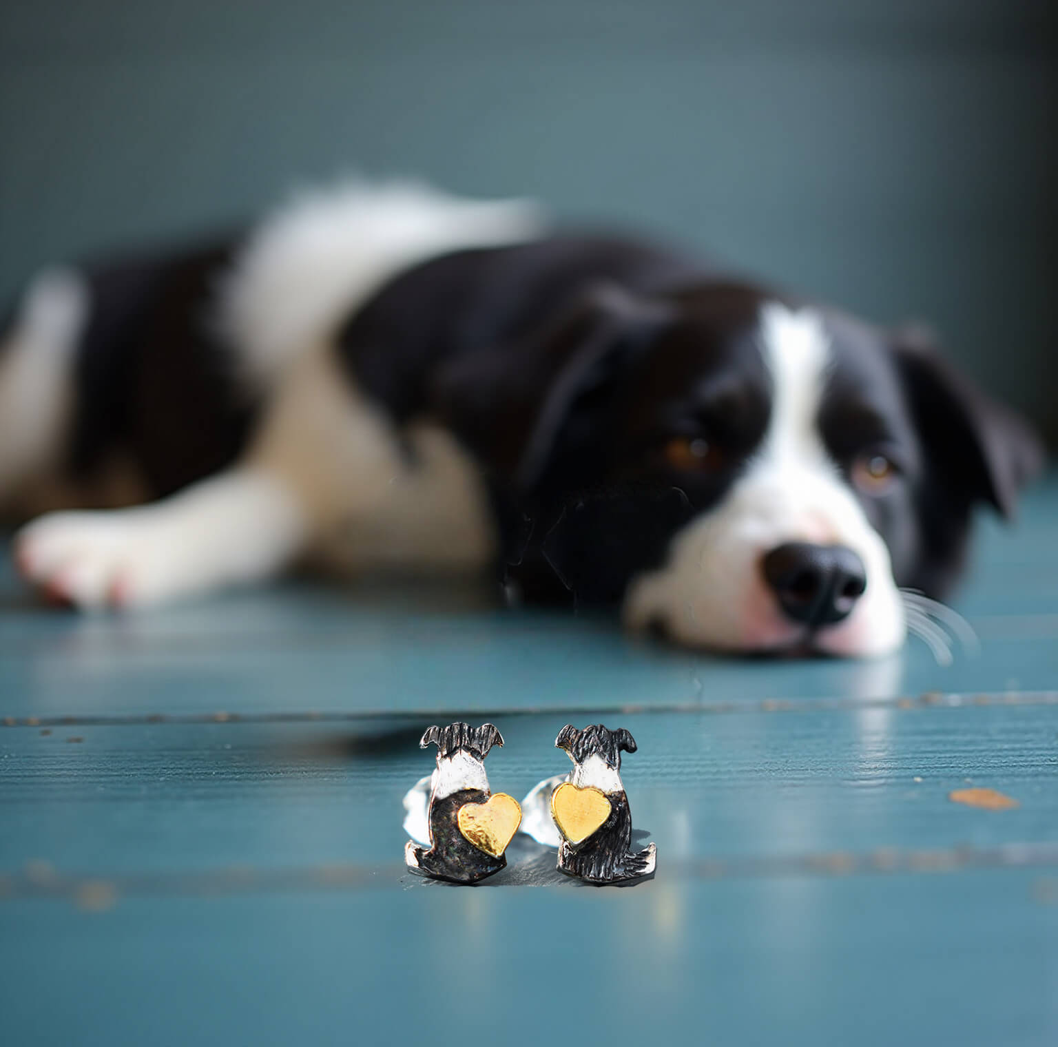 border collie earrings, silver collie earrings, collie and heart earrings