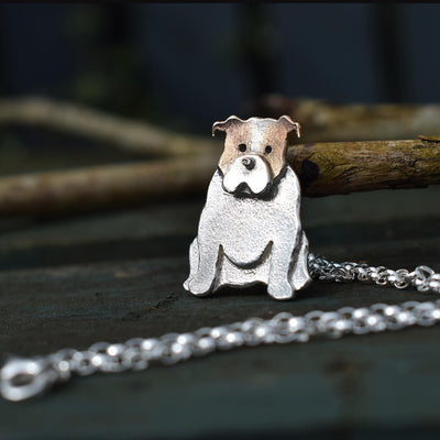 silver and rose gold english bulldog necklace, silver dog necklace, english bulldog present for woman, handmade english bulldog gifts, unusual bulldog gifts, silver bulldog jewellery