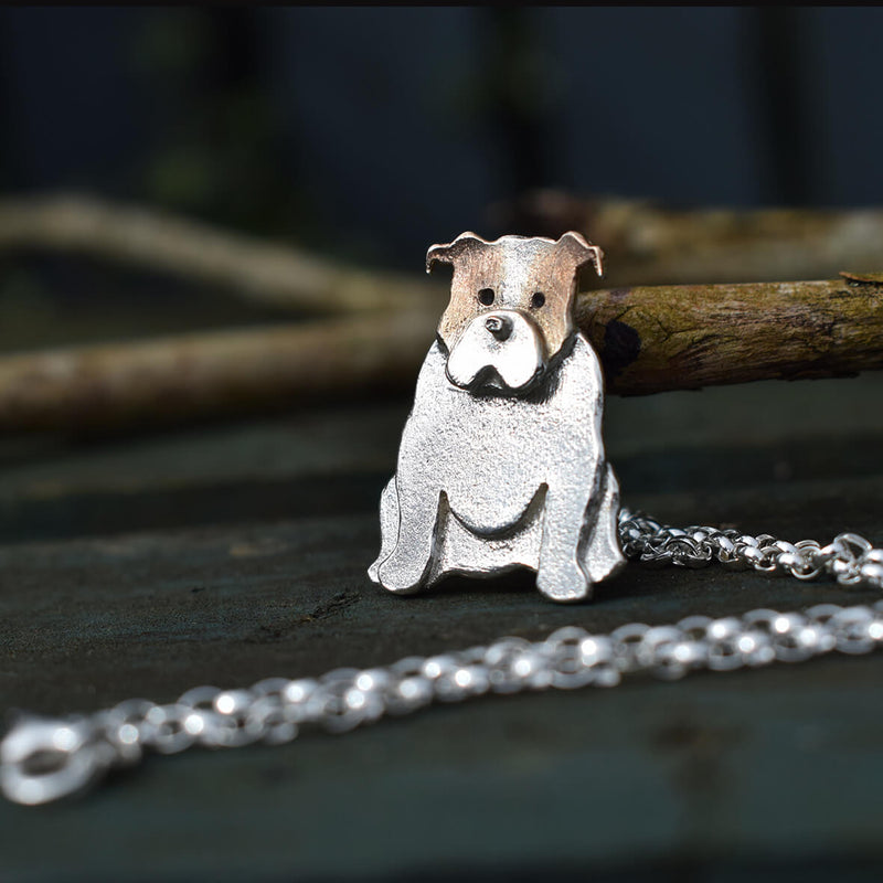 silver and rose gold english bulldog necklace, silver dog necklace, english bulldog present for woman, handmade english bulldog gifts, unusual bulldog gifts, silver bulldog jewellery