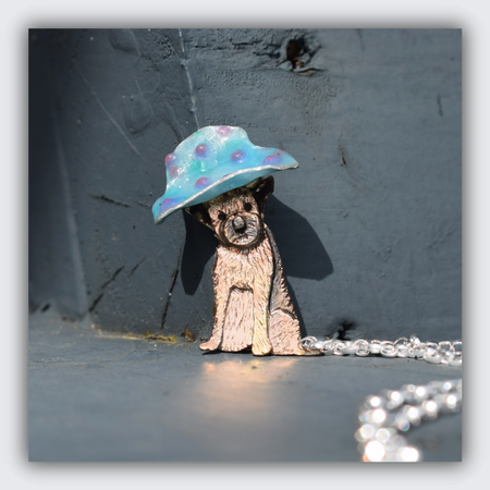 border terrier with hat necklace, dog memorial necklace