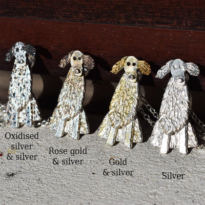 english setter jewellery, silver and gold dog jewellery, english setter gift, english setter present, handmade dog gift