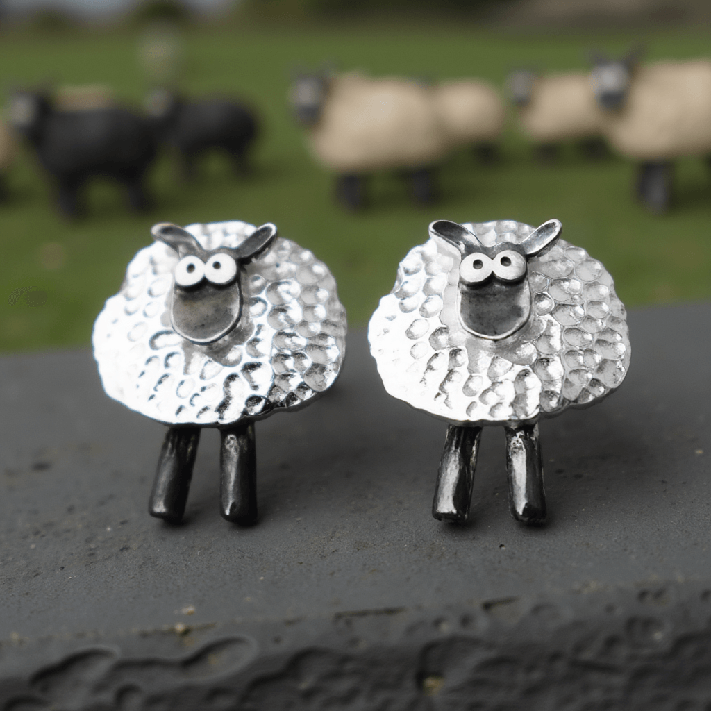 silver sheep earrings, lucky clover sheep stud earrings, irish sheep earrings, silver irish earrings, lucky charm earrings, lucky silver earrings
