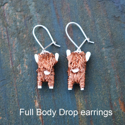 highland cow drop earrings, copper cow earrings, scottish earrings, handmade scottish earrings, gift for scottish lady , handmade scottish jewellery, heilan cow gift for her