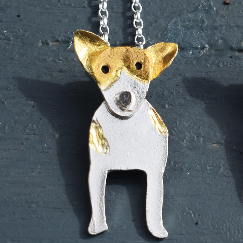 gold and silver jack russell terrier necklace, jack russell necklace, silver dog necklace, gift for jack russell owner, jack russell present for woman, jack russell gift for her, silver jack russell, jack russell jewellery, silver dog jewellery