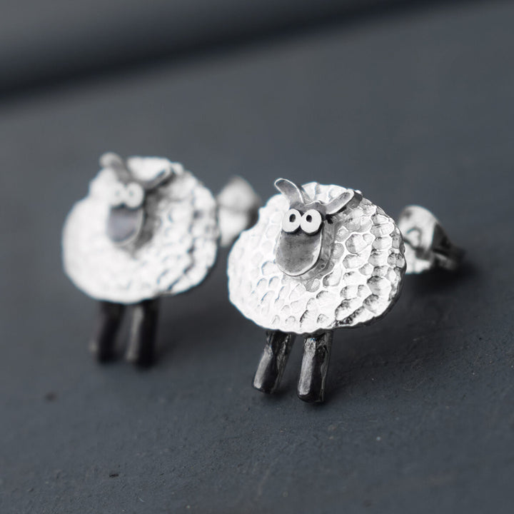 silver sheep earrings, lucky clover sheep stud earrings, irish sheep earrings, silver irish earrings, lucky charm earrings, lucky silver earrings