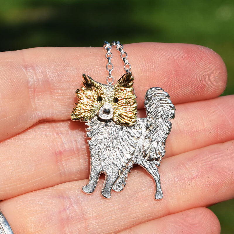 gold and silver papillon dog jewellery, silver dog necklace, papillon dog necklace, handmade papillon dog gift, papillon dog loss gift, papillon dog memorial gift, gift for papillon dog owner, papillon dog birthday present woman