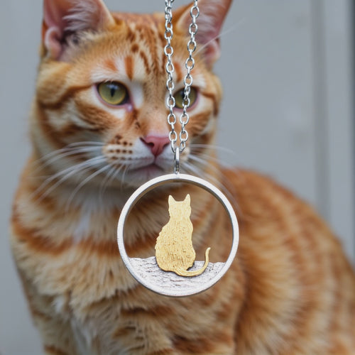 gold cat necklace, gold and silver cat necklace, gold cat pendant, gold cat jewellery, silver cat jewellery, gold cat gift, silver cat present, cat jewellery, cat gift for wife, cat birthday present, cat memorial jewellery