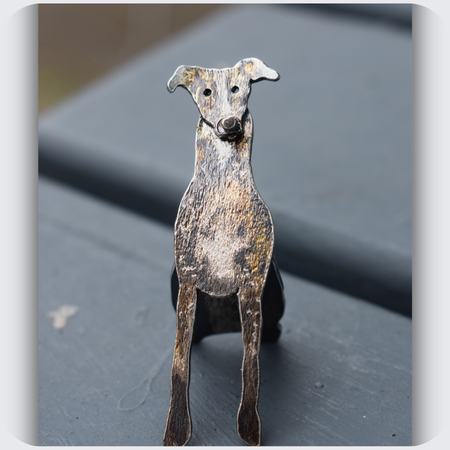 custom brindle whippet dog memorial ornament made from silver and gold