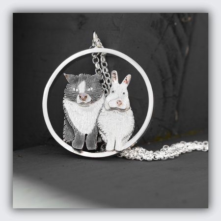 silver cat and rabbit necklace, gift for cat and rabbit lover