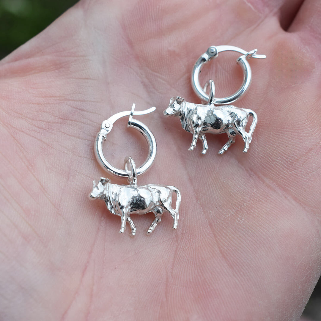 silver cow earrings, cow hoop earrings, dangly cow earrings