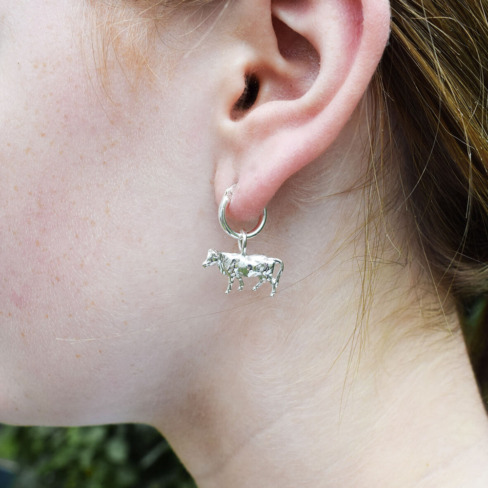silver cow earrings, cow hoop earrings, dangly cow earrings