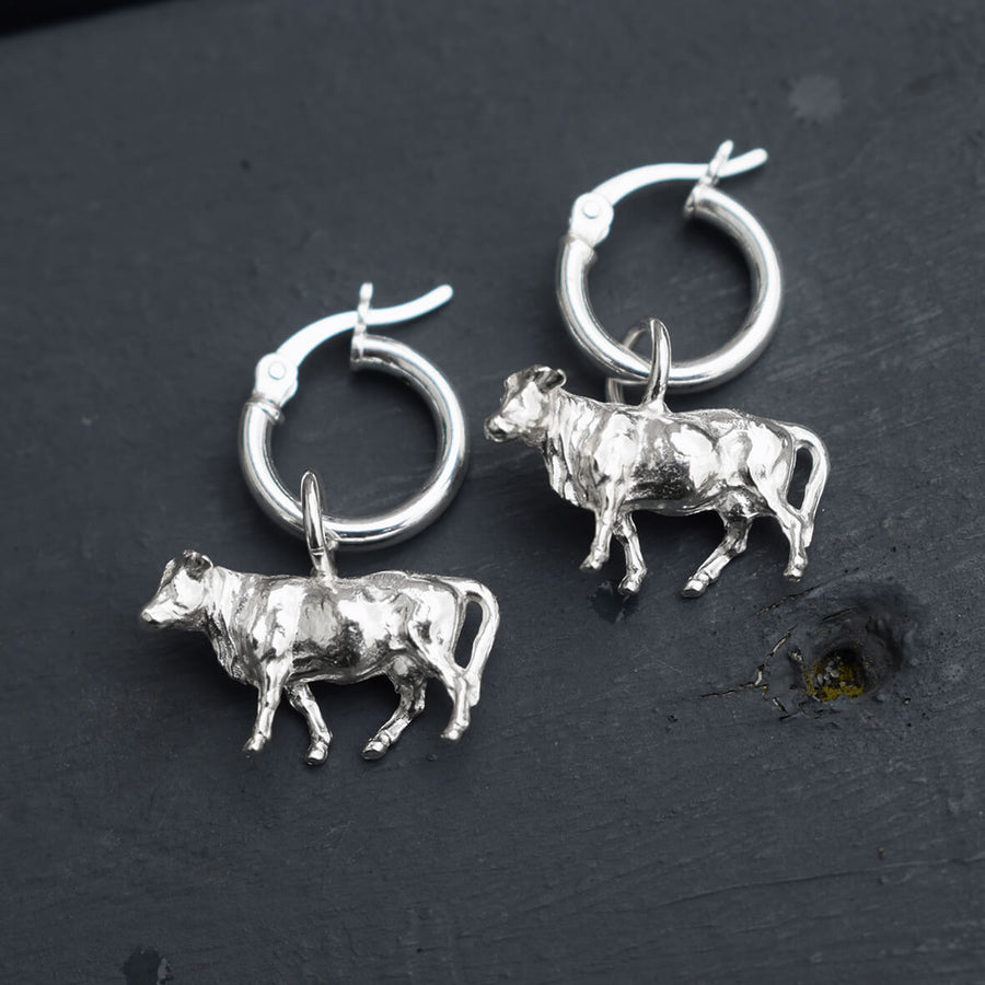 silver cow earrings, cow hoop earrings, dangly cow earrings