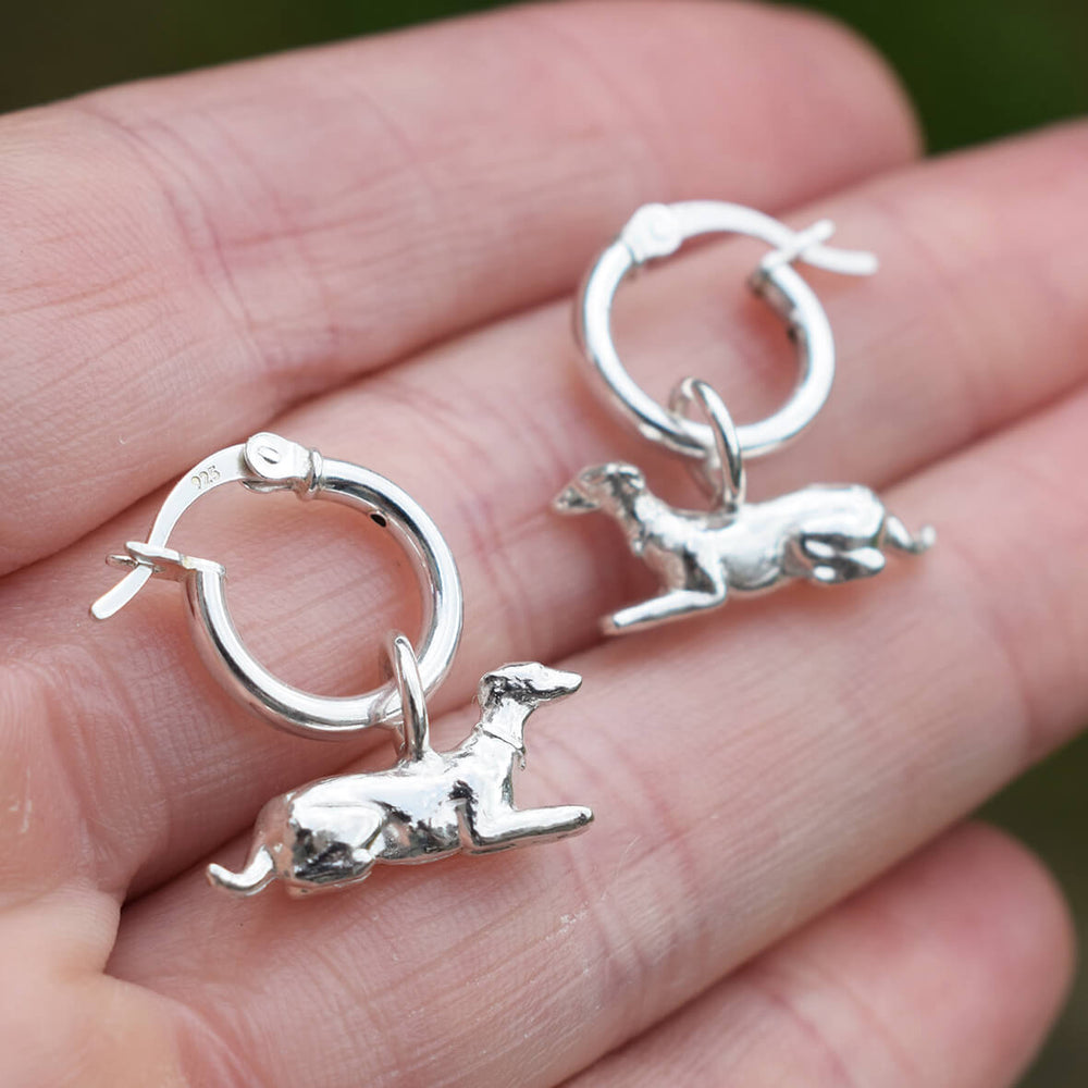 silver greyhound earrings, dog hoop earrings, dangly dog earrings, sighthound earrings, greyhound jewellery, gift for greyhound owner
