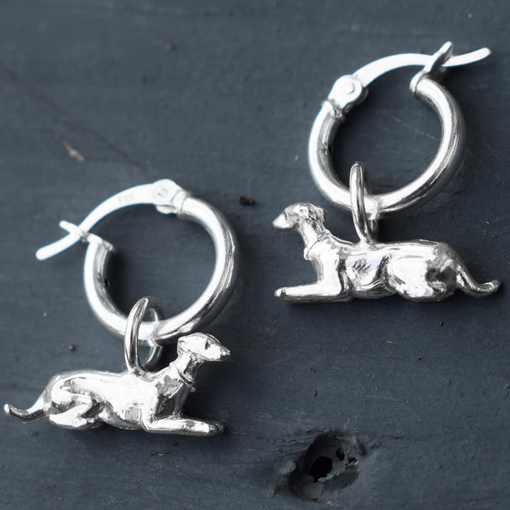silver greyhound earrings, dog hoop earrings, dangly dog earrings, sighthound earrings, greyhound jewellery, gift for greyhound owner