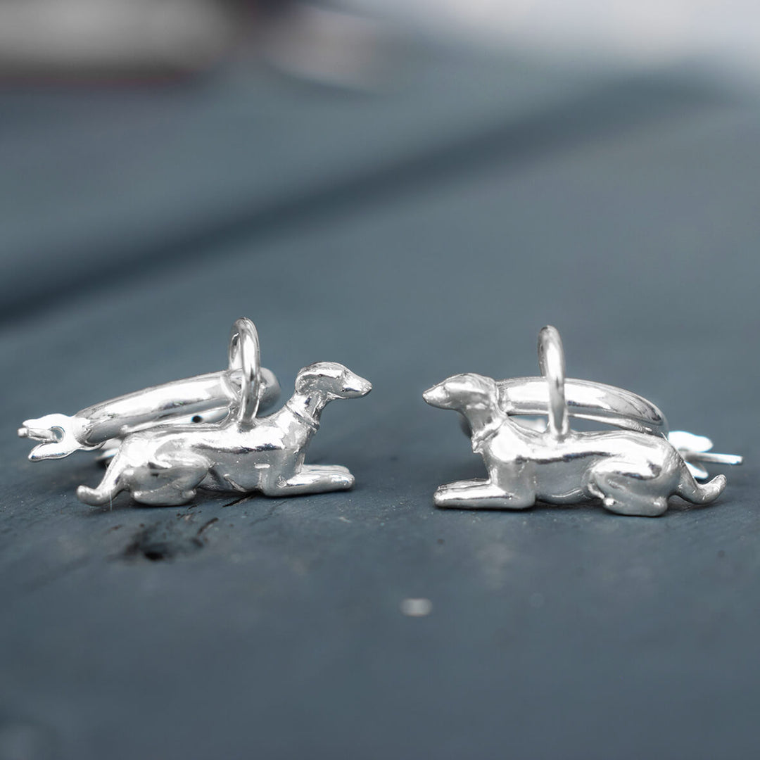 silver greyhound earrings, dog hoop earrings, dangly dog earrings, sighthound earrings, greyhound jewellery, gift for greyhound owner