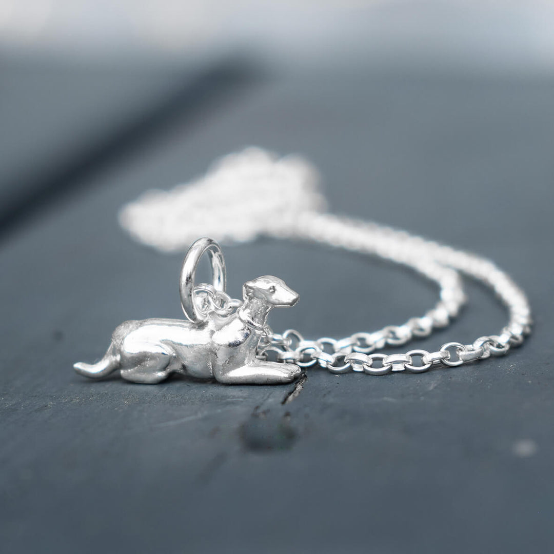 silver greyhound necklace, sighthound necklace, greyhound memorial jewellery, greyhound jewellery, gift for greyhound owner