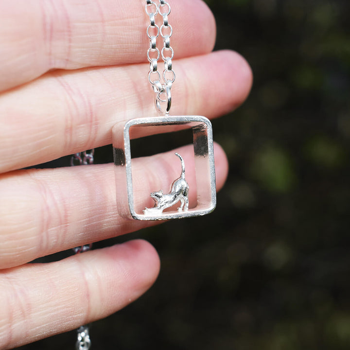Handcrafted Sterling Silver Stretching Cat Necklace, Perfect gift for Cat Lovers, silver cat necklace, silver cat jewellery, cat pendant, stretching cat themed gift