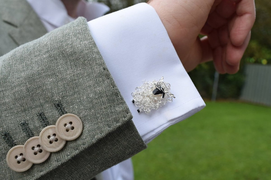 Silver Valais Blacknose sheep cufflinks - Fresh Fleeces, Valais blacknose gift for men, valais blacknose jewellery, valais blacknose jewelry, swiss sheep cufflinks, switzerland sheep cufflinks, silver valais blacknose sheep