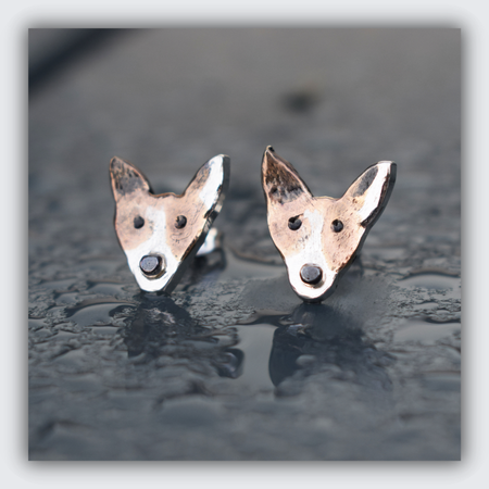 custom silver and rose gold jack russell earrings, custom dog earrings, earrings that look like my dog
