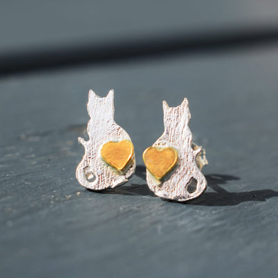 cat gift set, cat jewellery set, silver cat necklace, silver cat earrings, cat jewellery with heart, cat jewellery, cat gift for woman