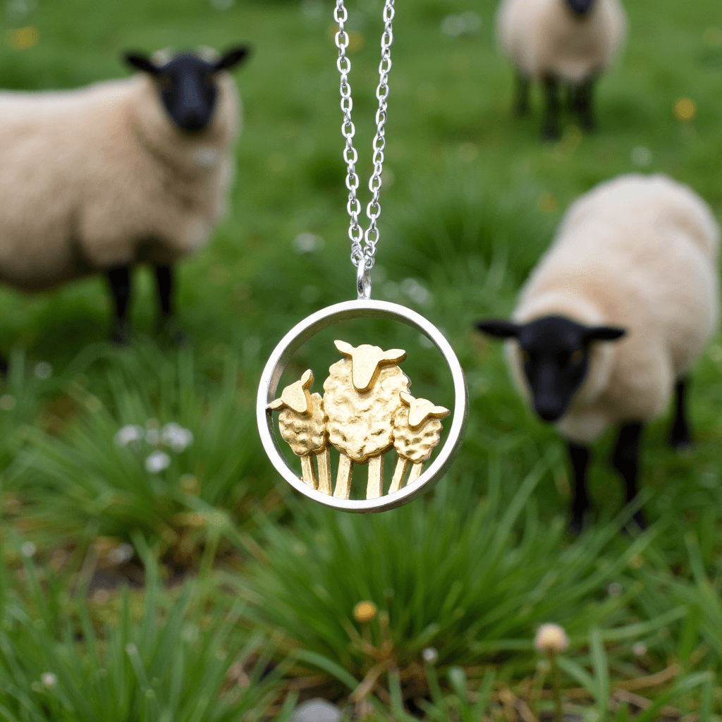 gold and silver lamb and sheep necklace, gold and silver sheep jewellery, sheep jewellery, lamb jewellery, gift for sheep farmer, female farmer present, down on the farm jewellery, agricultural jewellery, farm jewellery, farm animal jewellery