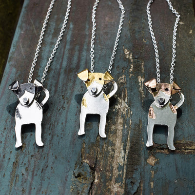 dog necklaces, gold and silver dog jewellery, jack russell jewellery, jack russell dog jewellery, terrier gift for woman