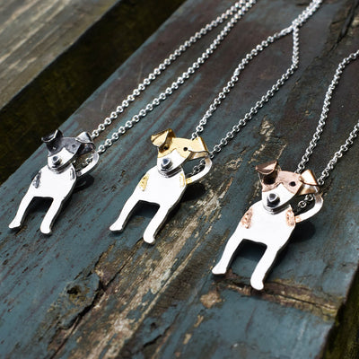 handmade dog jewellery, dog necklace, jack russell necklace, gold dog necklace, silver dog necklace, jack russell present for wife