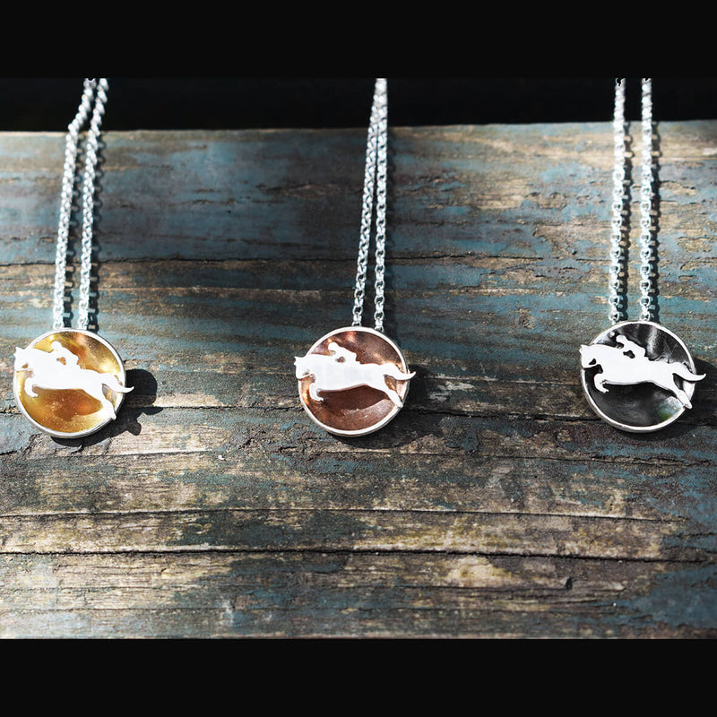 horse necklaces, gold and silver horse jewellery, horse and rider jewellery, showjumping jewellery, showjumper jewellery, showjumping presents for woman