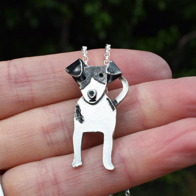 black and white dog necklace, silver dog necklace, jack russell jewellery, jack russell pendant, terrier necklace, gift for dog lover, necklace for dog lover