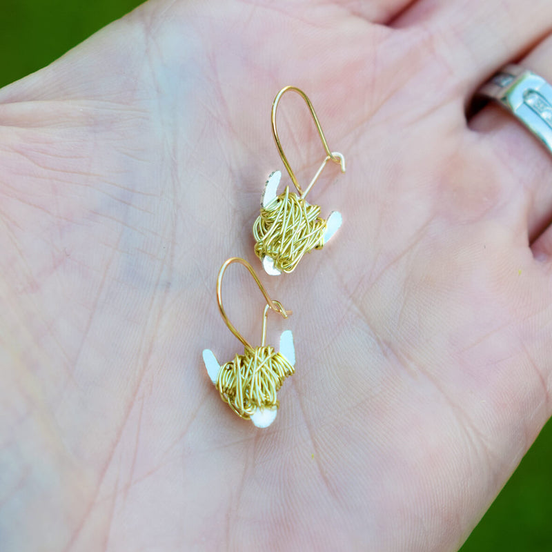 18ct gold highland cow drop earrings, gold highland cow gifts, gold highland cow jewellery