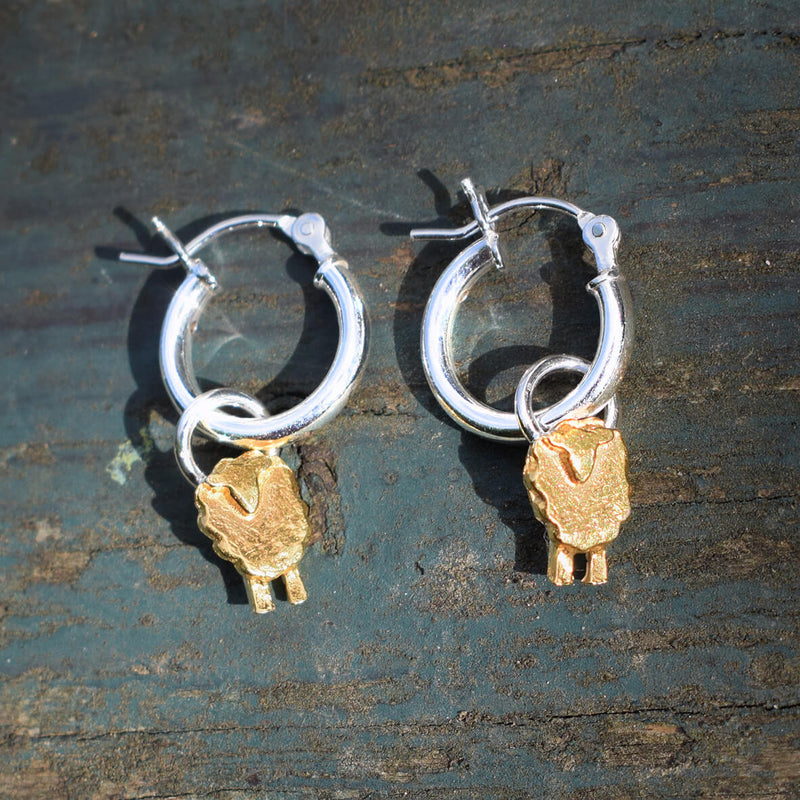 sheep earrings, silver sheep earrings, gold sheep earrings, sheep drop earrings, sheep hoop earrings, animal hoop earrings, gift for sheep lover