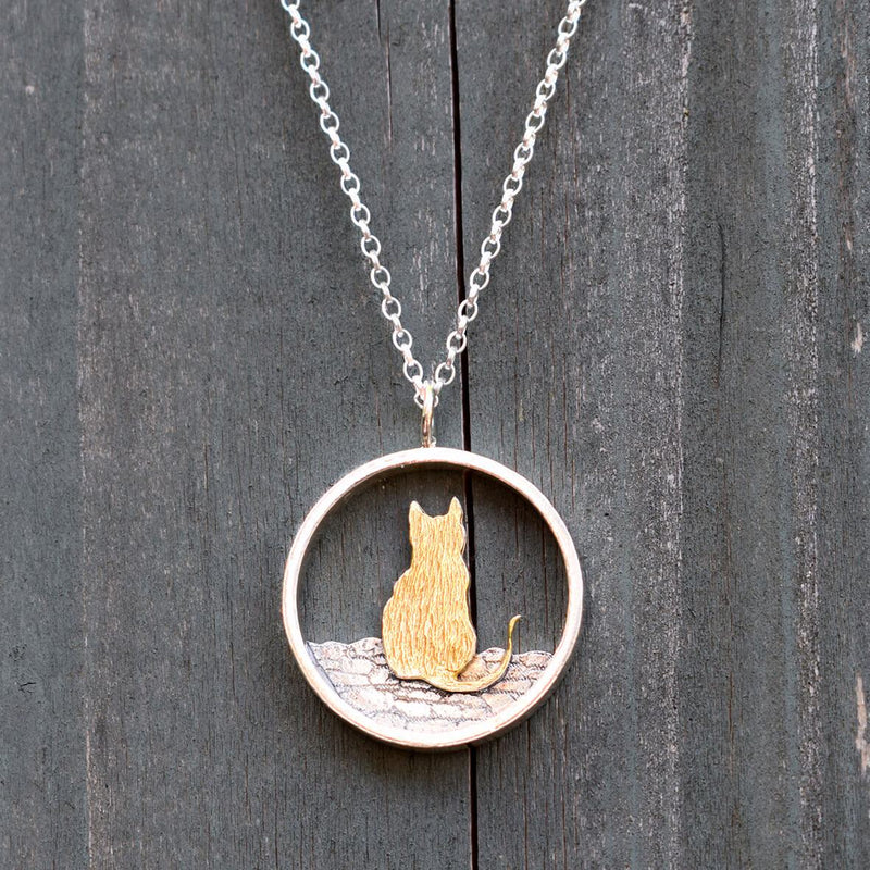 gold and silver cat necklace, cat on wall necklace, cat jewellery, cat pendant, silver cat, gold cat, quality cat jewellery gift, quality cat present for woman, ginger cat necklace
