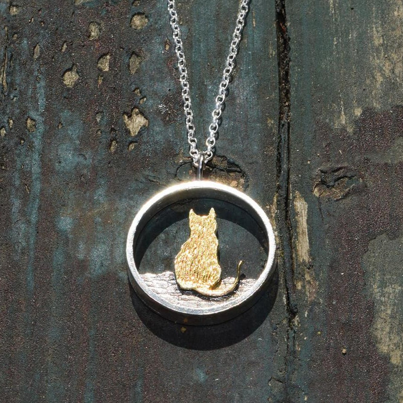 gold cat necklace, gold and silver cat necklace, gold cat pendant, gold cat jewellery, silver cat jewellery, gold cat gift, silver cat present, cat jewellery