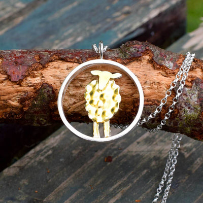 gold and silver animal necklace, gold sheep necklace, gold sheep jewellery, gold and silver sheep, gift for young farmer, sheep present for woman, sheep gift for wife, countryside jewellery, agricultural jewellery, farm jewellery