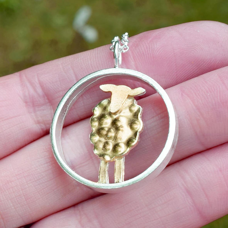 gold and silver sheep necklace, sheep necklace, sheep jewellery, lamb jewellery, sheep present for female, countryside jewellery, farming jewellery, gift for female farmer, silver sheep, gold sheep