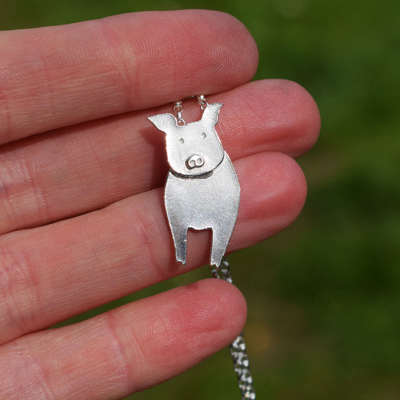 silver pig pendant, pig necklace, white pig jewellery, pig present for woman