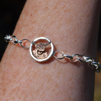 rose gold and silver highland cow bracelet, highland cow bracelet, highland cow charm, highland cow gift, gold highland cow present, quality highland cow present, highland cow present for woman
