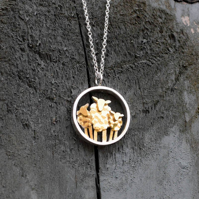 gold sheep necklace, agriculture necklace, farming necklace, farming jewellery, sheep jewellery, sheep jewelry, gold and silver sheep. flock of sheep jewellery, lamb jewellery, lamb and mother gift